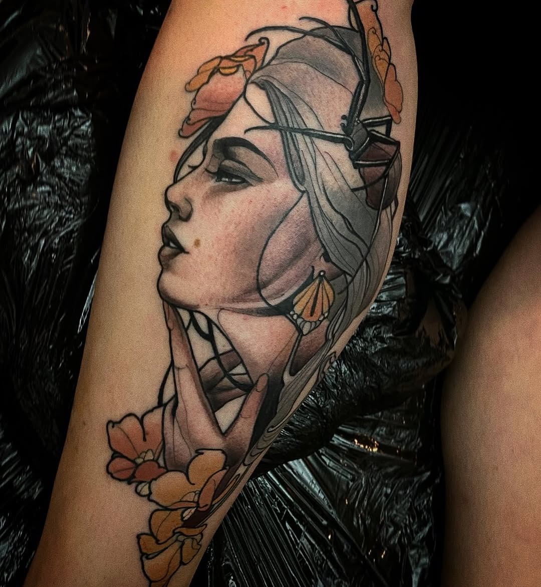 Profile portrait of a woman with flowers and geometric elements in her hair, rendered in black outline with peach and grey shading on the upper arm.