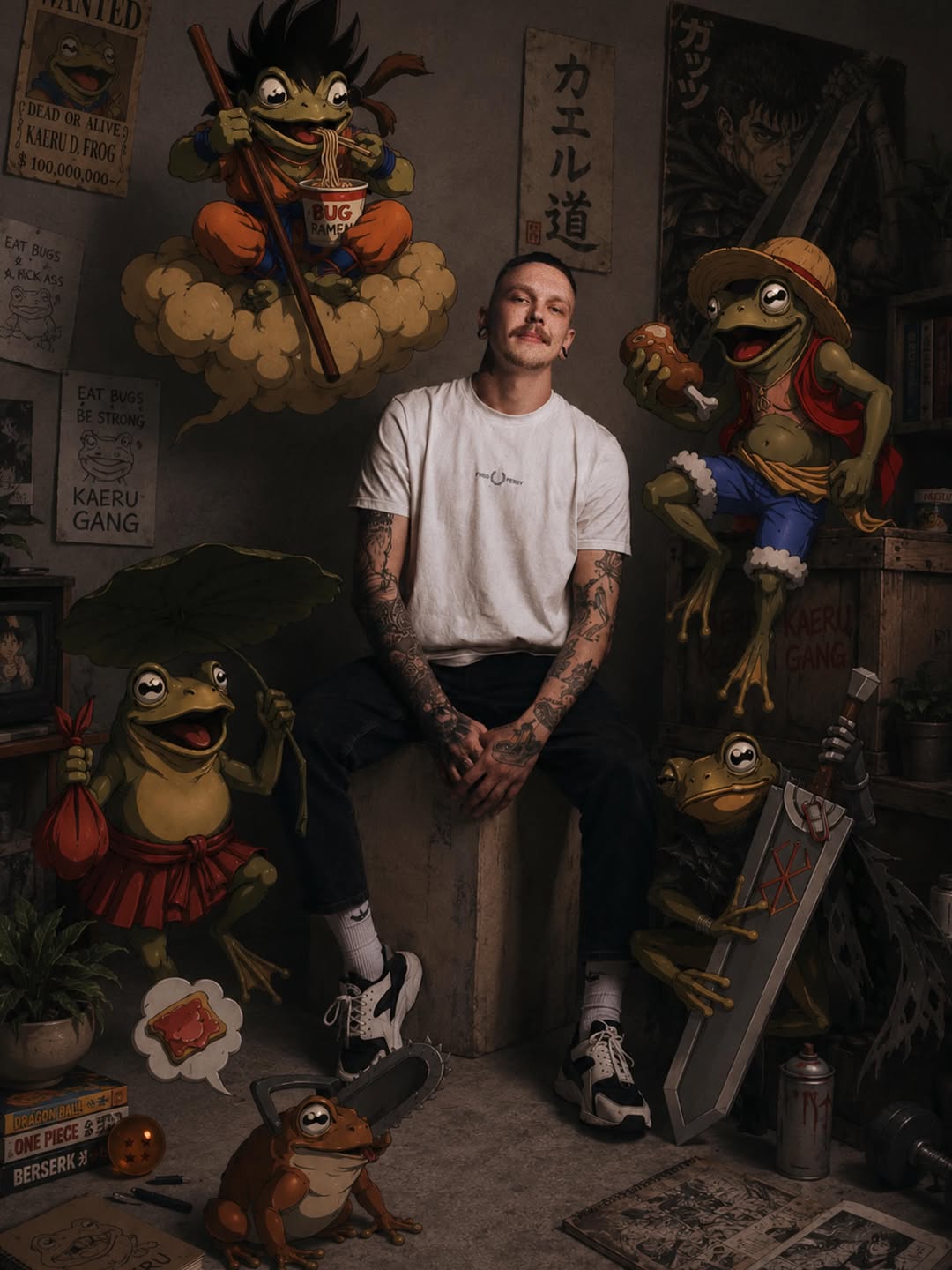 Tattooed man posing with anime character figurines and posters, displaying arm and leg tattoos in an eclectic collection studio setting.