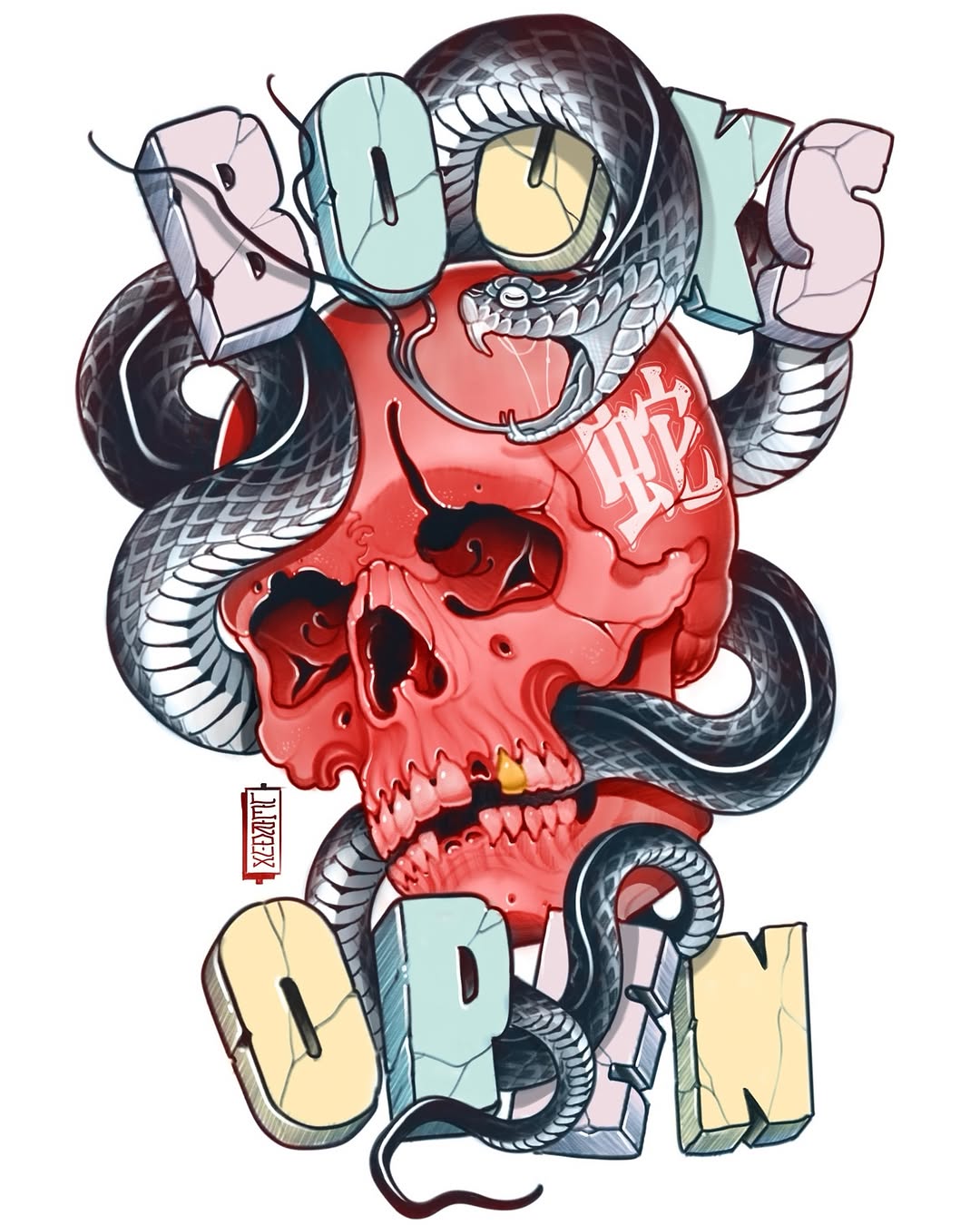 Colorful tattoo design featuring a red skull with dark snakes, wearing a light blue helmet and red shirt, surrounded by pale geometric shapes.