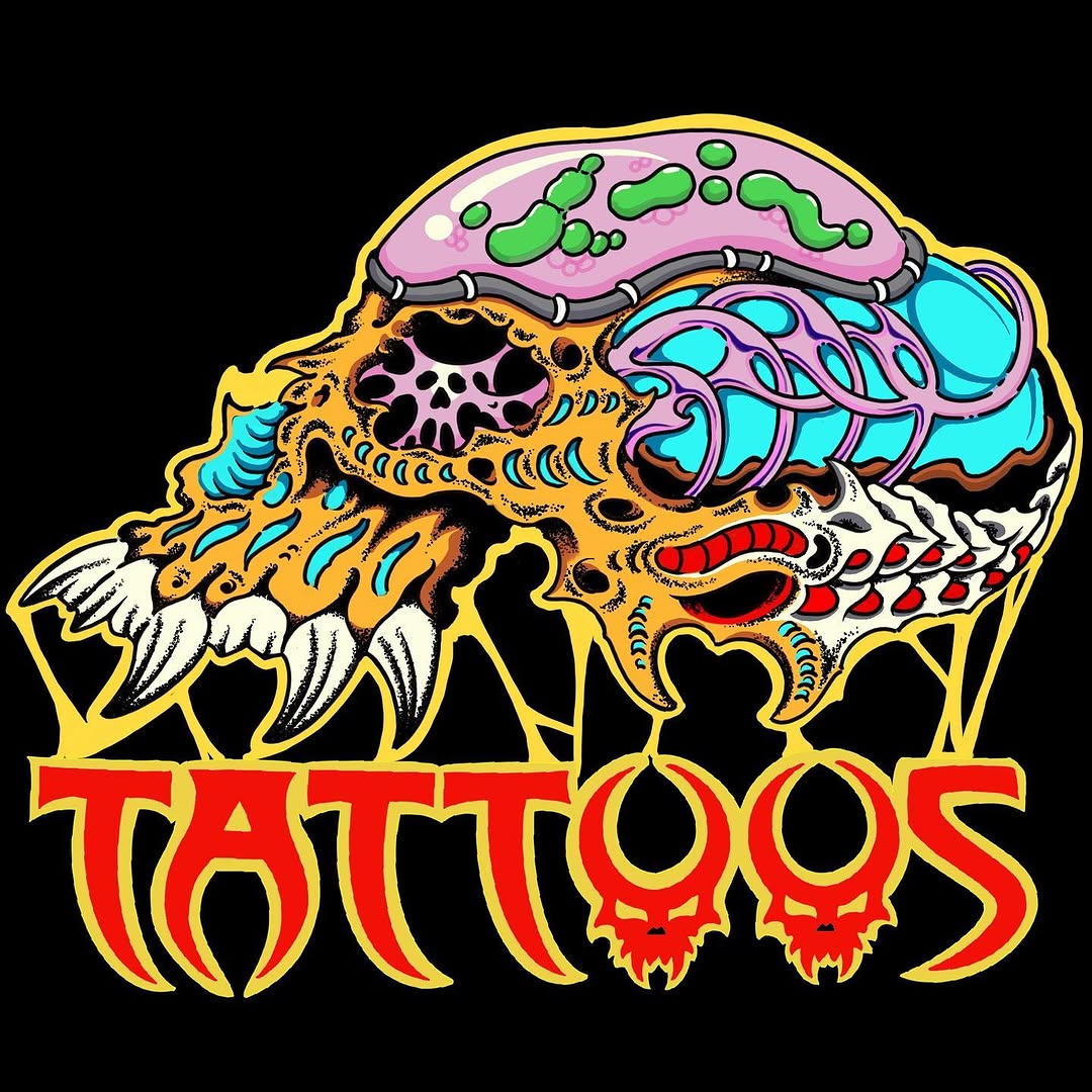 Colorful creature head with fangs, tentacles, and internal anatomy in bright yellow, pink, cyan, and red with "TATTOOS" text below.