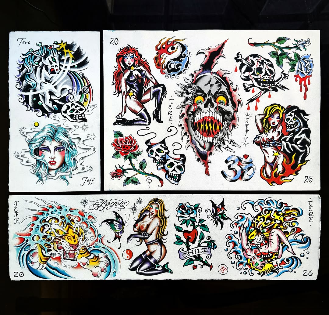 Tattoo flash sheets featuring colorful designs including skulls, female figures, roses, mythological creatures, and celestial symbols in red, blue, yellow, and black ink.