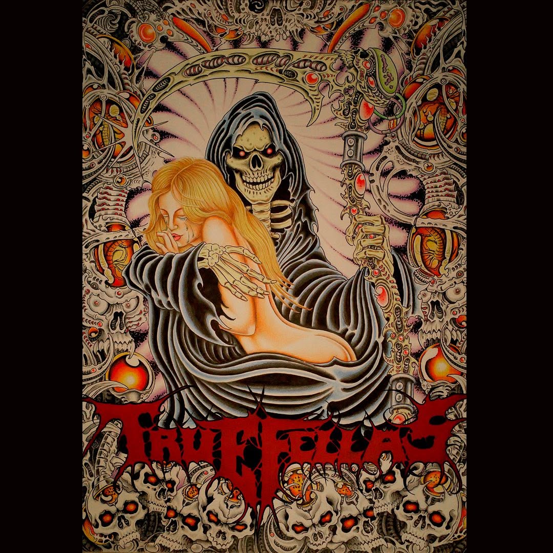 Colorful tattoo design featuring a woman with orange hair and skeletal wings held by a hooded skull figure, surrounded by ornate decorative elements and red text.