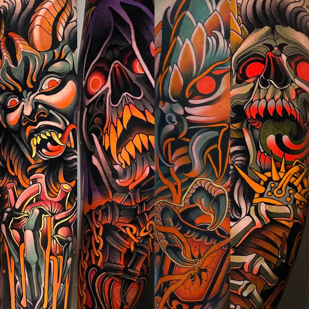 Four vibrant full-color demon and skull sleeve tattoos featuring orange, red, black, and green hues with intricate decorative flourishes on arms.
