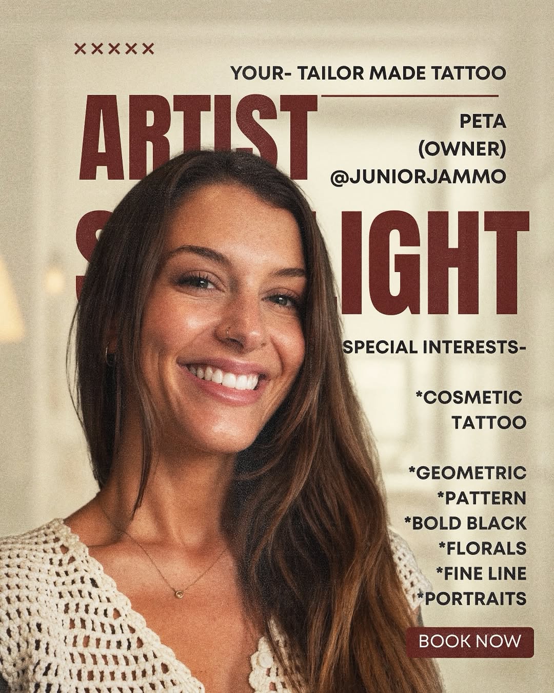 Portfolio cover for tattoo artist Peta featuring a smiling woman with long dark hair wearing a cream knit sweater against a beige background.