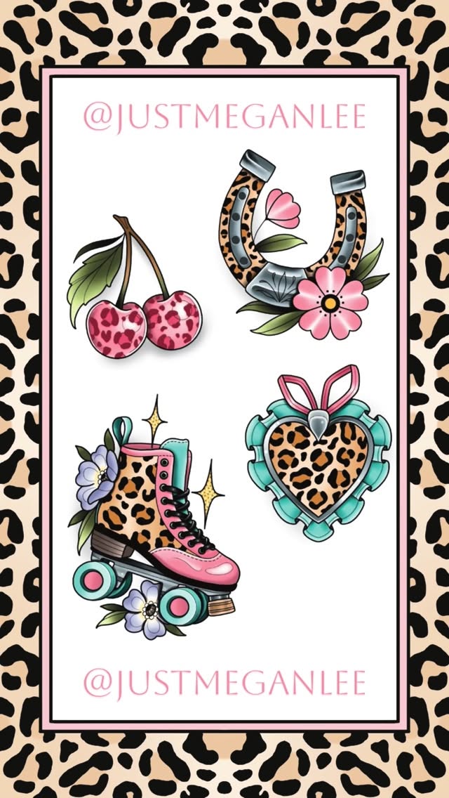 Colorful tattoo flash sheet featuring leopard-print cherries, horseshoe with flowers, roller skate with blossoms, and heart with bow on beige background.