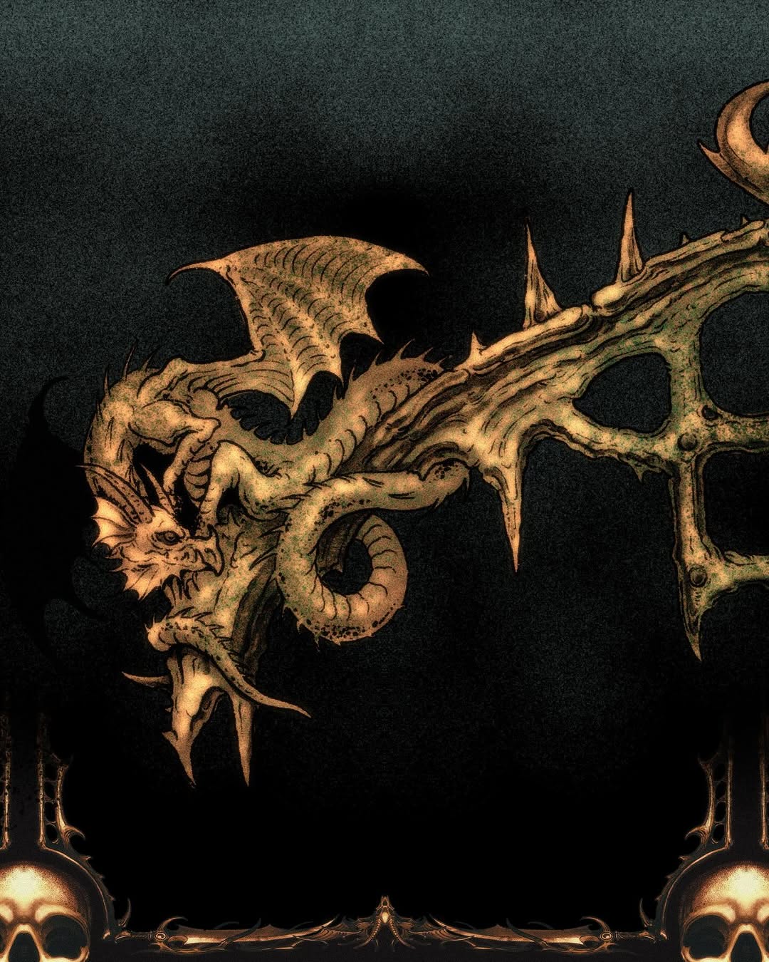 Detailed golden dragon with horns and wings perched on ornate spiky branch against dark background, surrounded by skull and moon decorative elements.