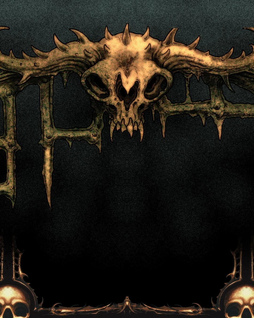 Ornate golden skull with spikes and horns forming a decorative frame border against a dark textured background.