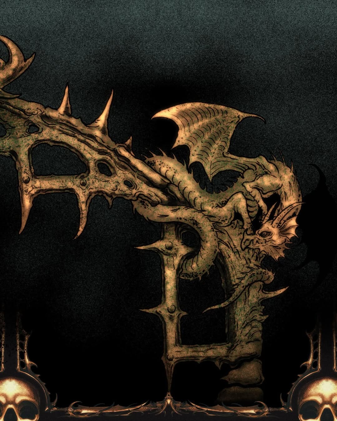 Detailed dragon with spread wings and horns rendered in gold and brown tones on dark background, featuring intricate scale work and ornamental details.