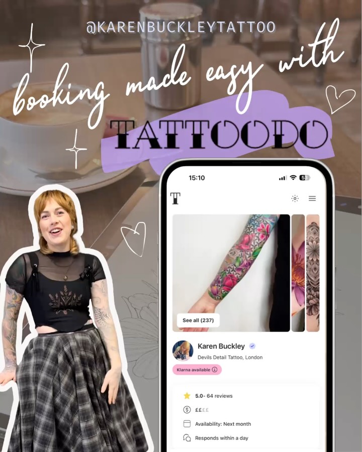 Colorful floral sleeve tattoo featuring pink, purple, and green flowers wrapping around the upper arm and forearm.