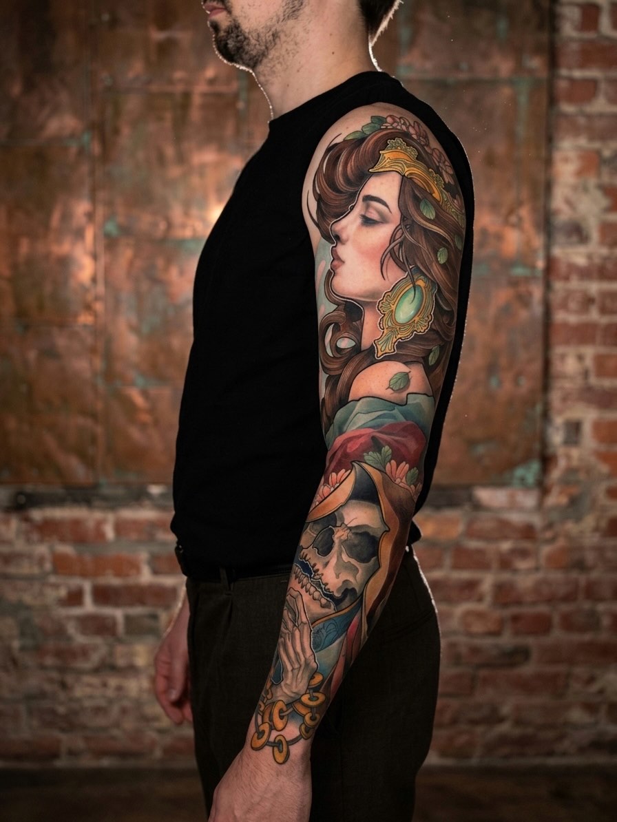 Full-sleeve tattoo featuring a woman's portrait with gold headpiece and earrings, flowers, and skull design in brown, green, red, and gold tones.