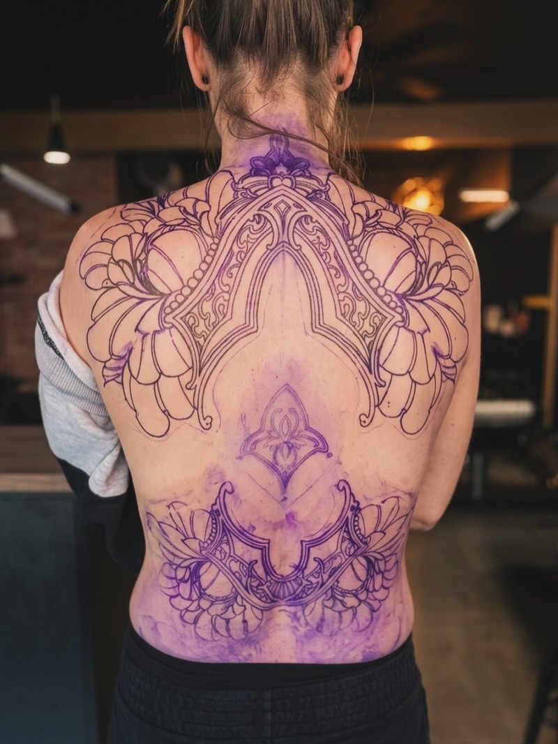 Purple and black ornamental back tattoo featuring symmetrical floral motifs, geometric patterns, and decorative elements spanning the full back.