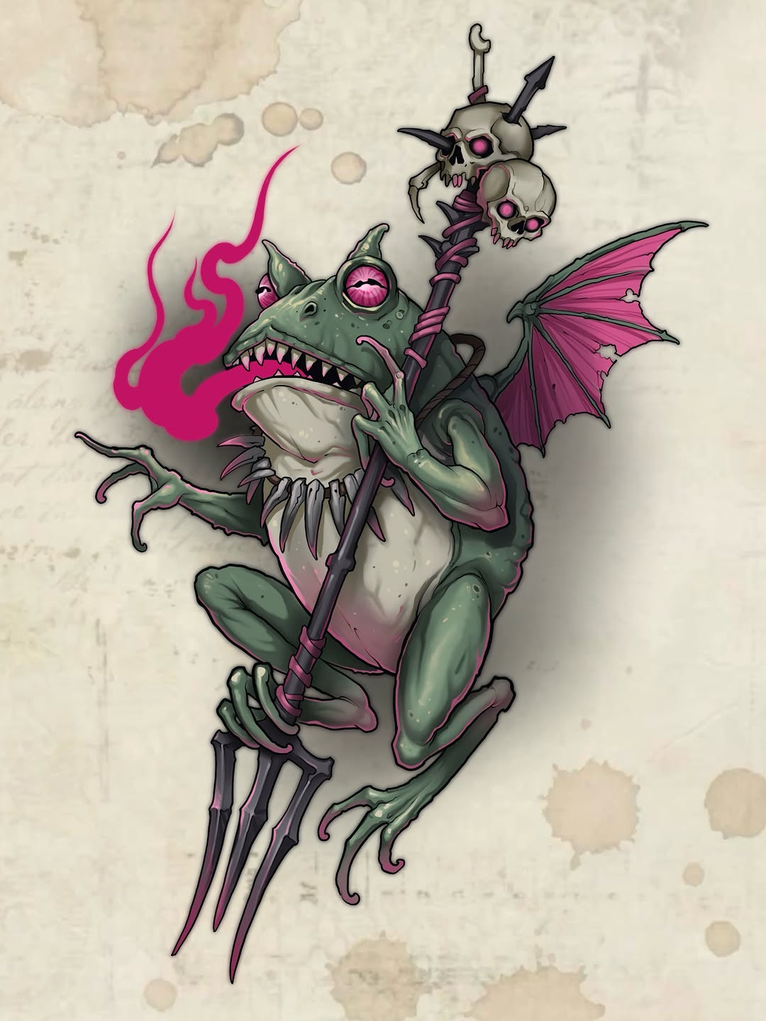 Colorful demon creature tattoo design featuring green and pink tones, with wings, sharp teeth, skeletal staff, and magical flames on a light background.
