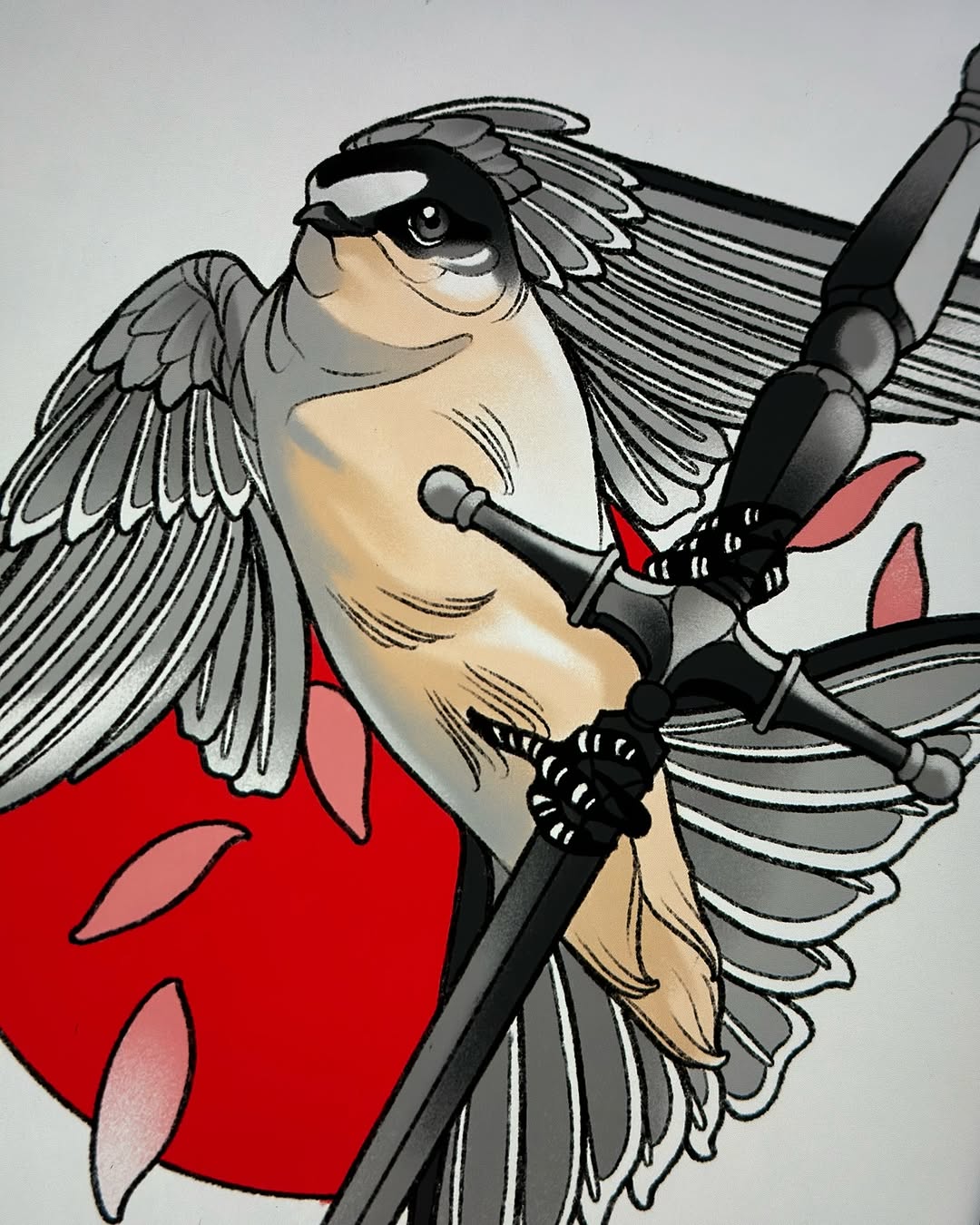 Winged humanoid character in red garment holding a staff, rendered in grayscale and red ink with detailed linework.