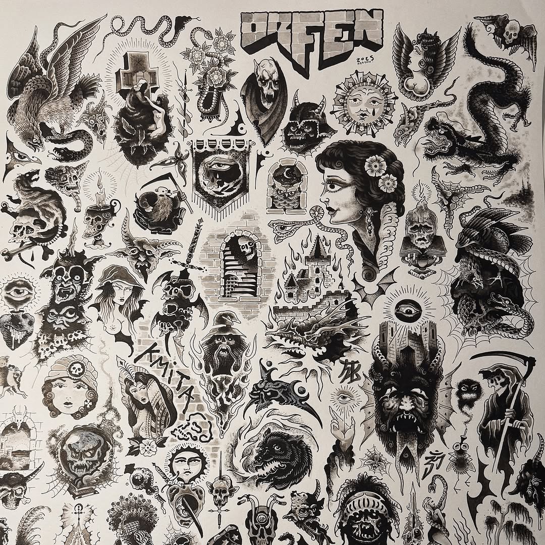 Comprehensive tattoo flash sheet featuring monochromatic ink designs including demons, skulls, serpents, castles, portraits, and ornamental motifs arranged across a white page.