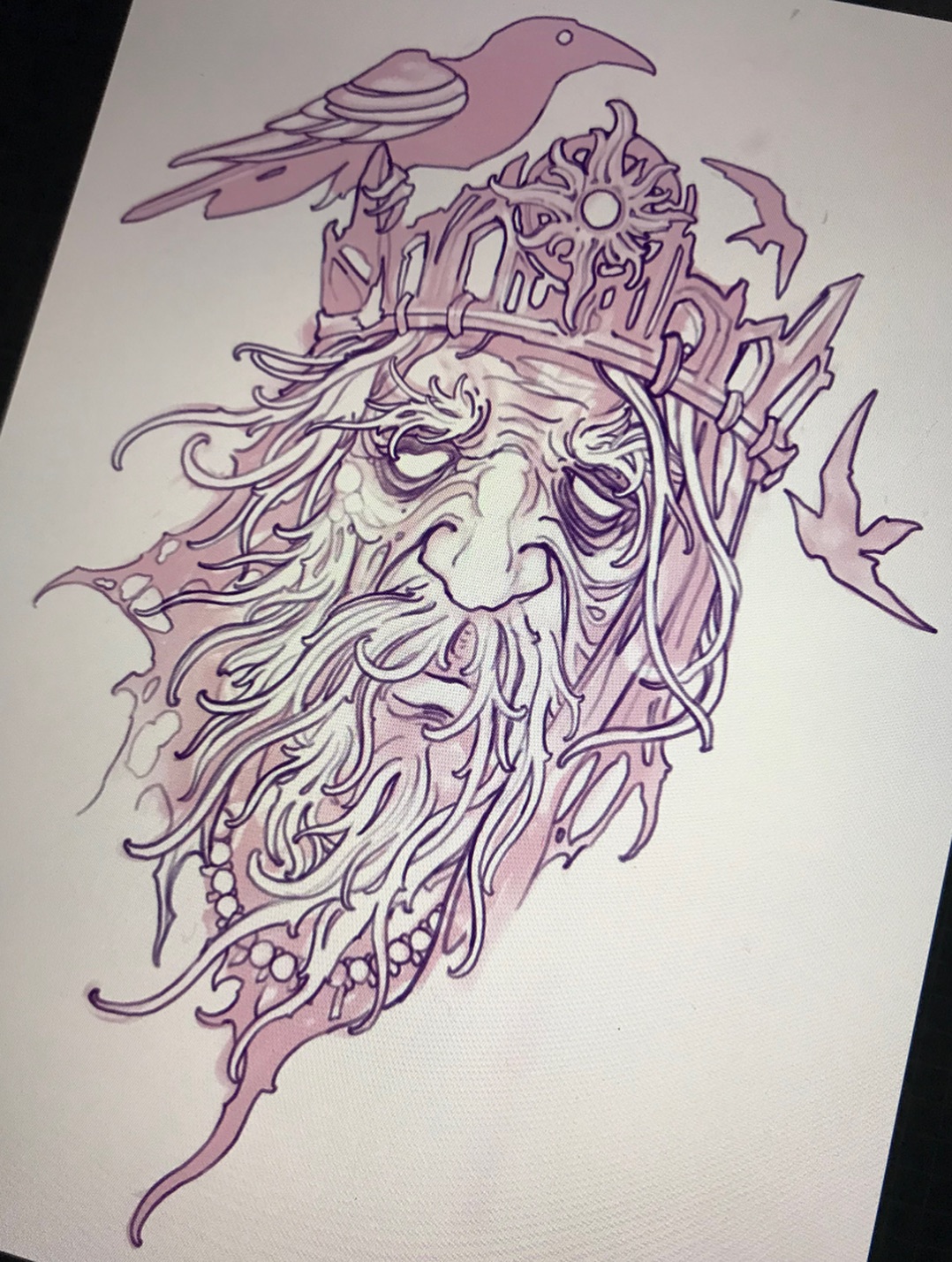 Ornate purple and white tattoo design featuring a bearded face with flowing hair, a bird perched on top, and decorative organic elements throughout.