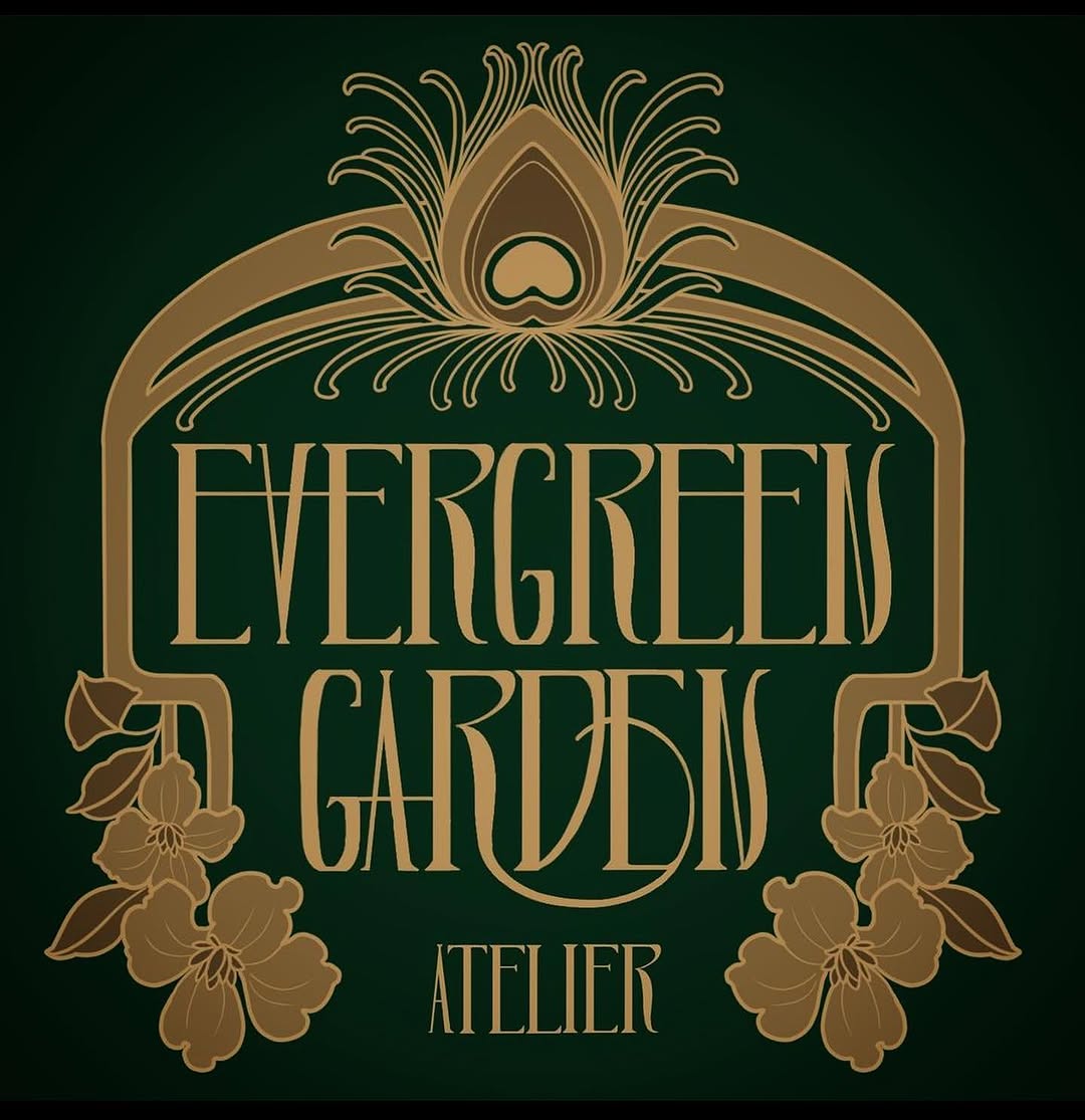Gold and green logo featuring "Evergreen Garden Atelier" text with ornamental peacock feather, flowering branches, and decorative frame elements.