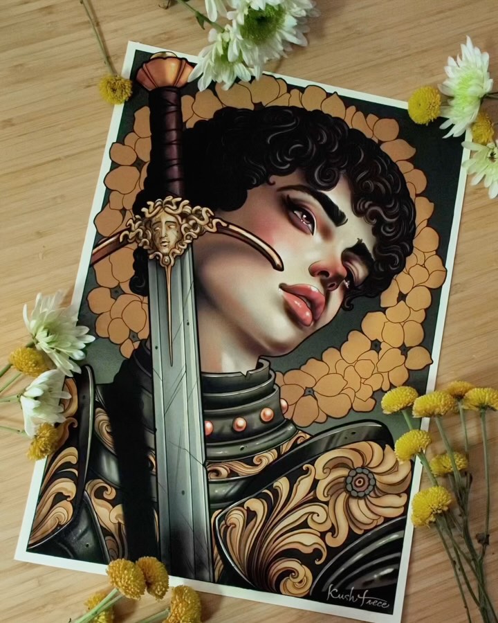 Portrait artwork featuring a figure with short dark curly hair, ornate gold armor with decorative scrollwork, and a sword, surrounded by a circular gold petal frame on white paper.
