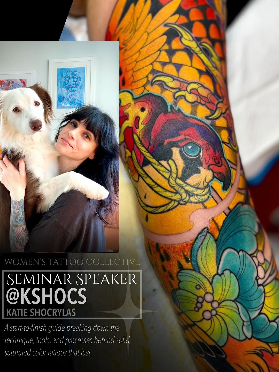Colorful arm tattoo featuring a lion's head with wings and ornate floral elements in orange, yellow, red, and teal.