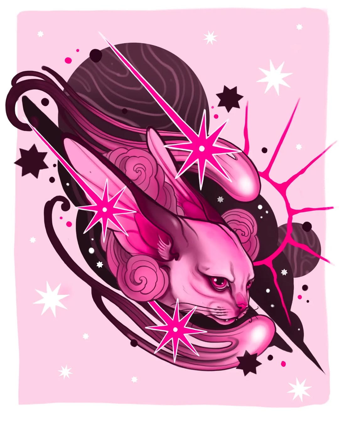 Vibrant pink and dark purple unicorn head with spiral ears, flowing mane, and radiating magenta stars on a pink background.