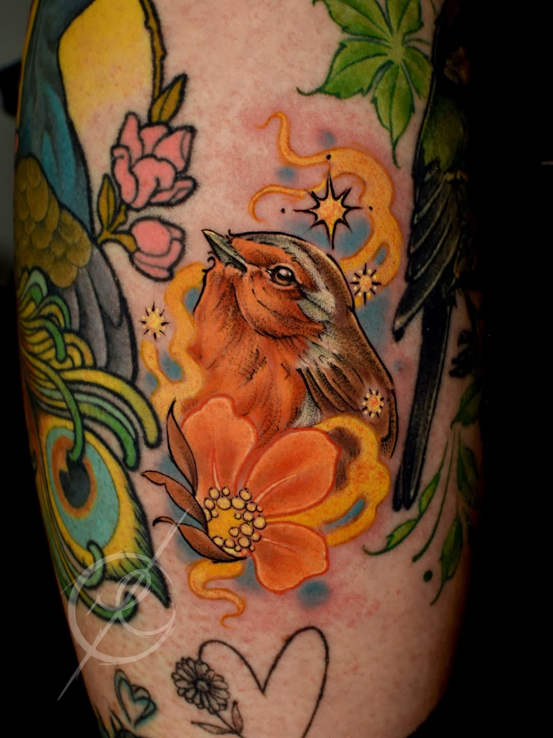 Colorful leg tattoo featuring an orange bird with flame-like tail, red flower, yellow lemon, pink buds, green leaves, and decorative stars on the thigh.