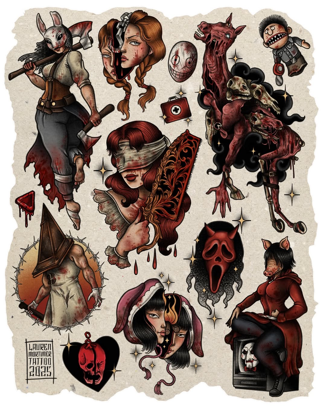 Tattoo flash sheet featuring horror and gothic characters including demons, masked figures, and creatures in red, brown, and black ink on cream background.