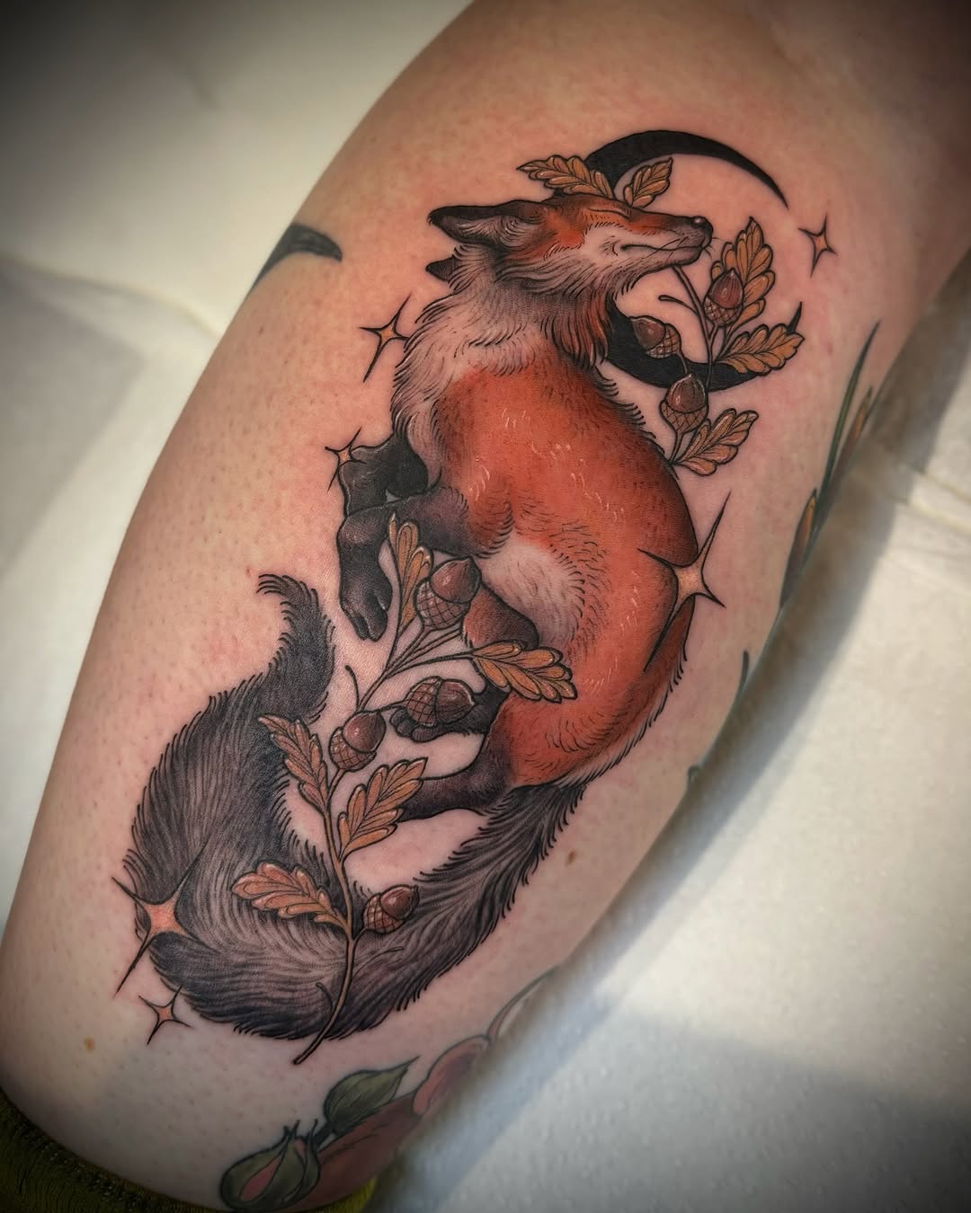 Two foxes with red and black fur surrounded by oak leaves and acorns with crescent moons and stars, tattooed on a calf.