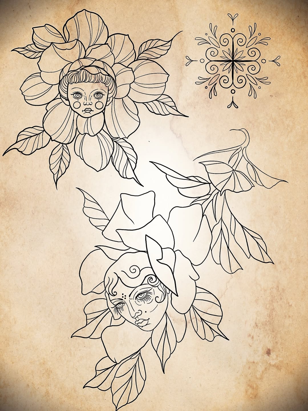 Line drawing designs featuring flower-faced figures with ornamental details, decorative foliage, and a geometric snowflake pattern on aged paper background.