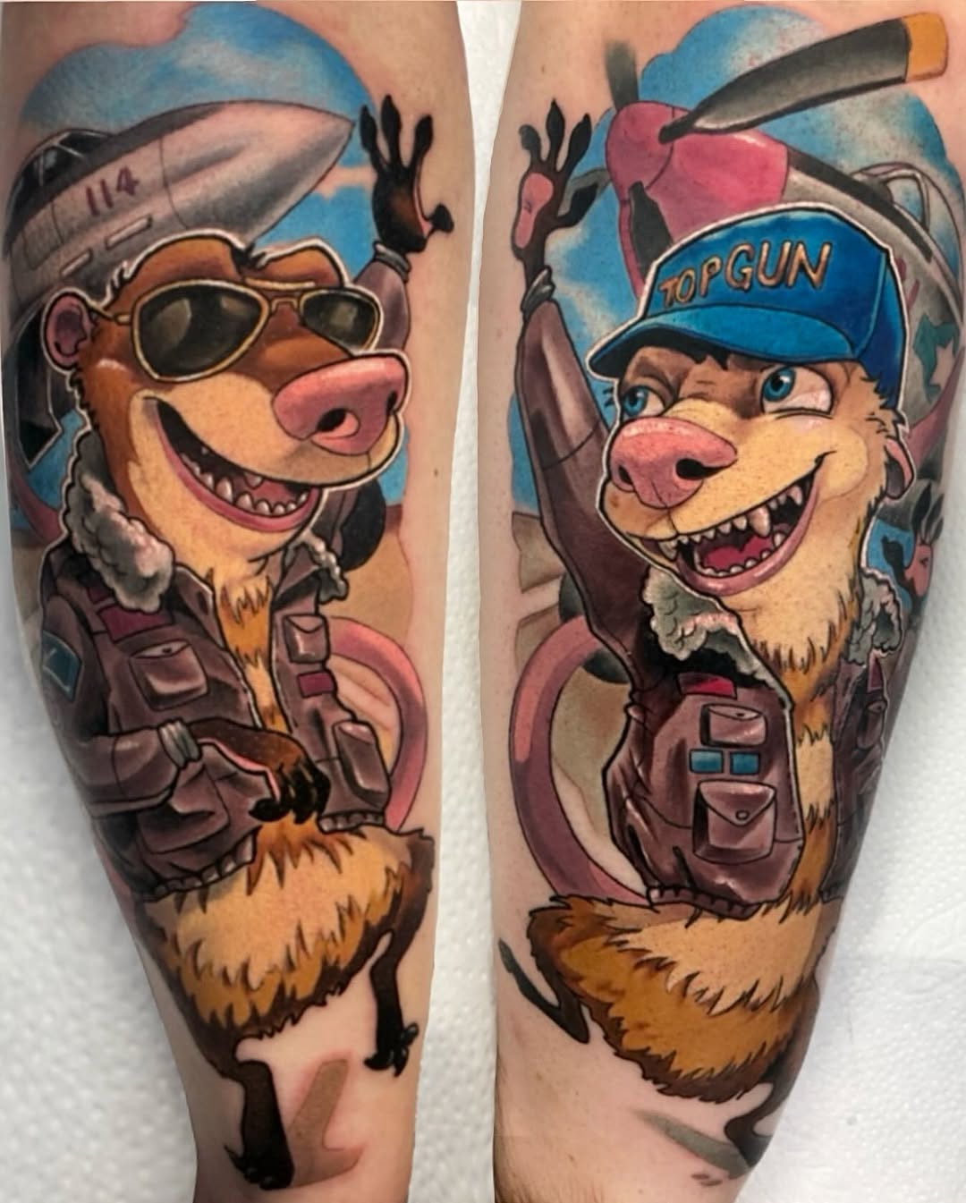 Two cartoon animal pilot characters with aviator gear on forearms, featuring blue sky backgrounds, pink and brown clothing, and aircraft details.