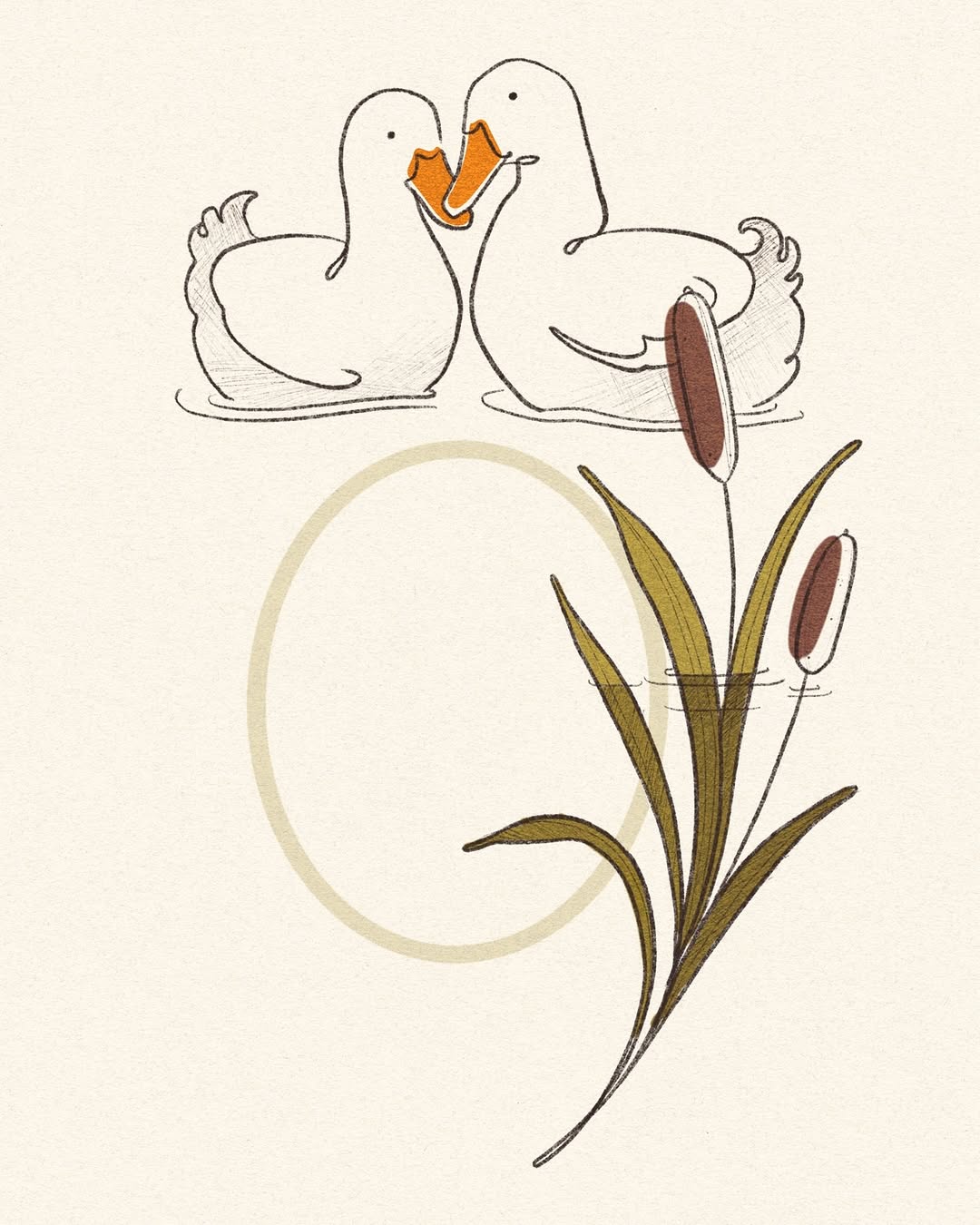 Two white ducks with orange beaks beside a large oval shape and tall plant with brown buds and green leaves, rendered in muted colors.