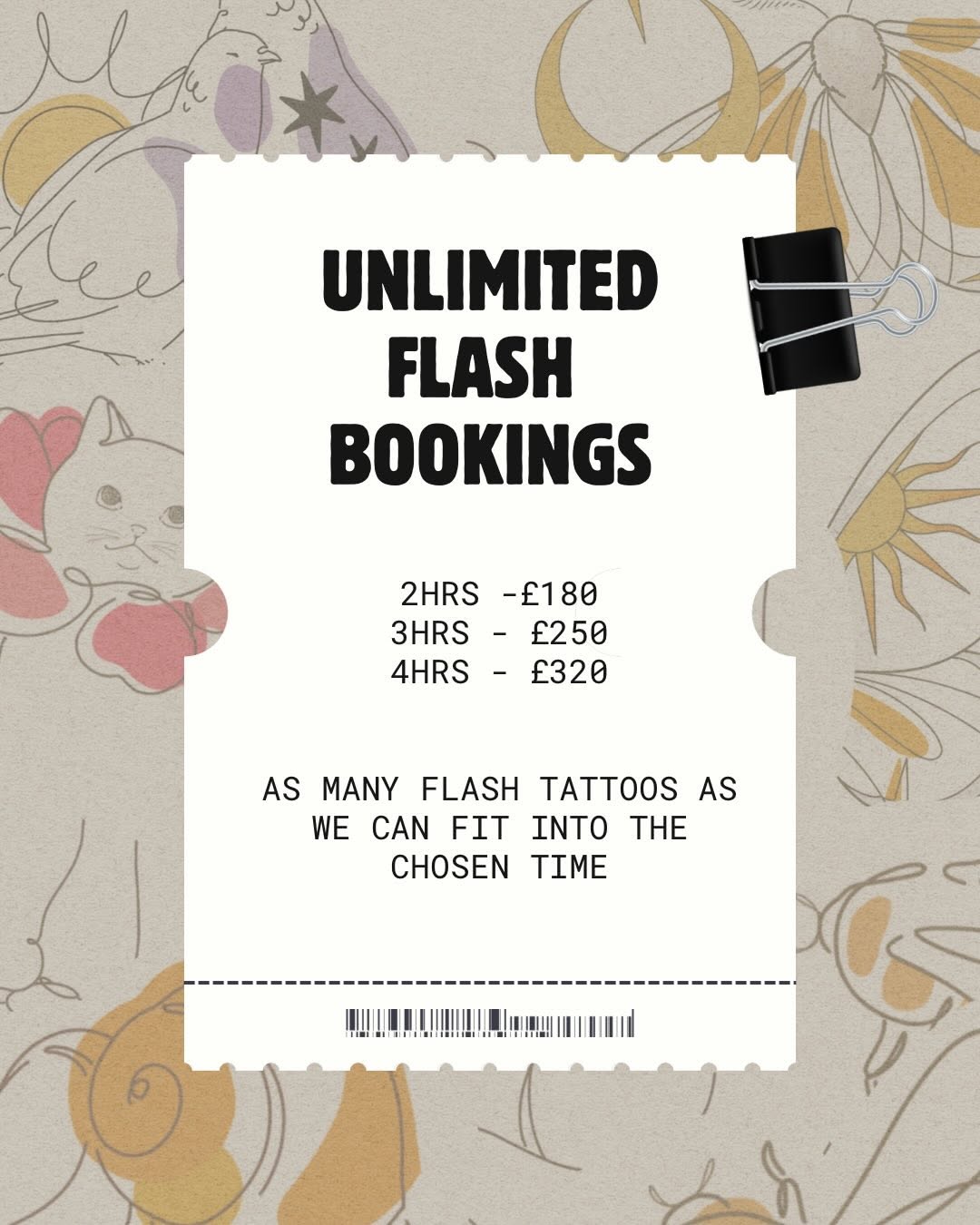 Promotional flyer advertising unlimited flash tattoo bookings at three price points, displayed against a beige background with line-drawn celestial and floral motifs.