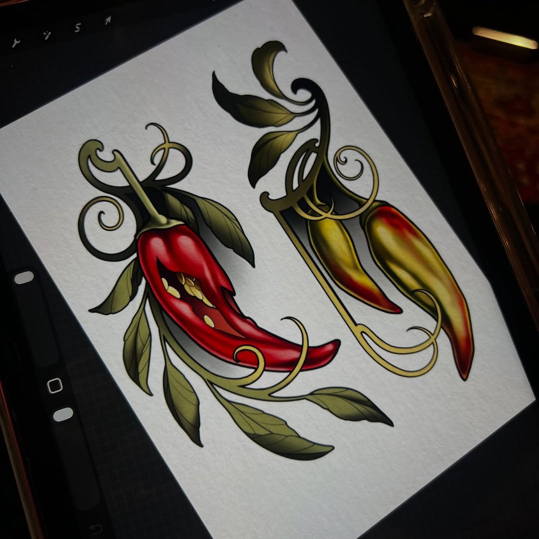 Two chili peppers with ornamental curling stems and green leaves, one red and one golden yellow, illustrated on white paper.