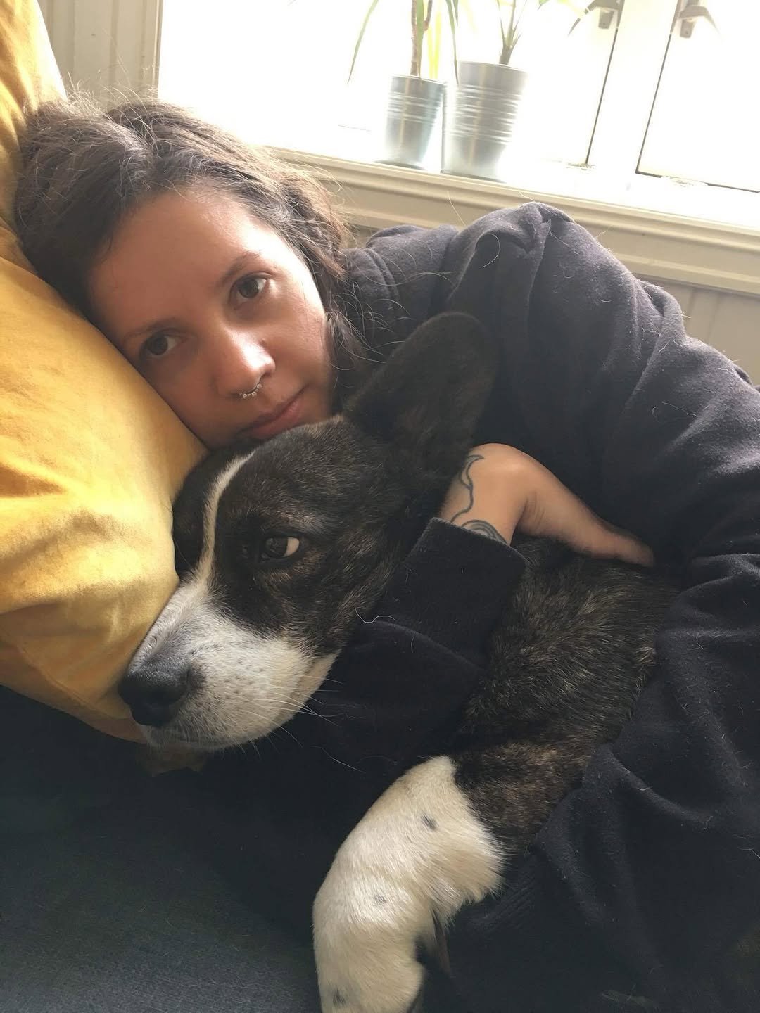 Woman with a dark curved line tattoo on her upper arm, sitting with a husky dog by a sunny window.