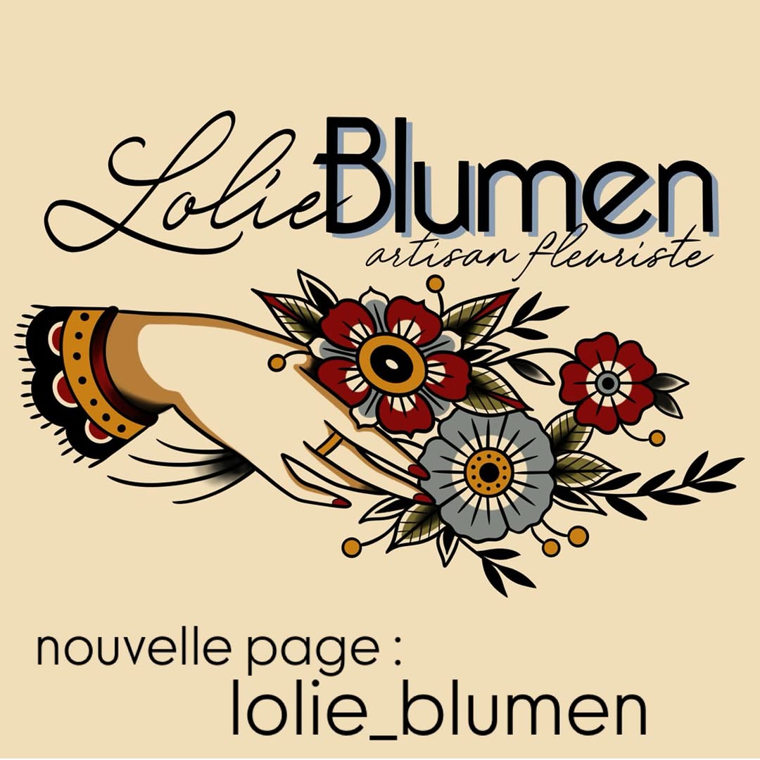 Decorative logo featuring an ornate hand holding red and grey flowers with gold accents on a cream background, advertising Lolie Blumen artisan florist.