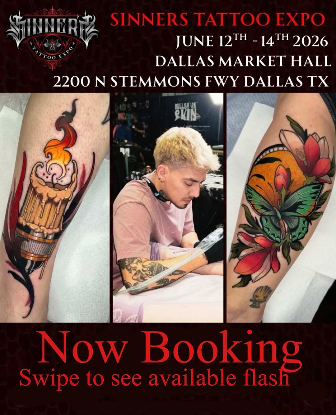 Tattoo artist with platinum blonde hair working on client designs featuring a flaming chalice, butterfly with red flowers, and colorful ink work displayed on arms.