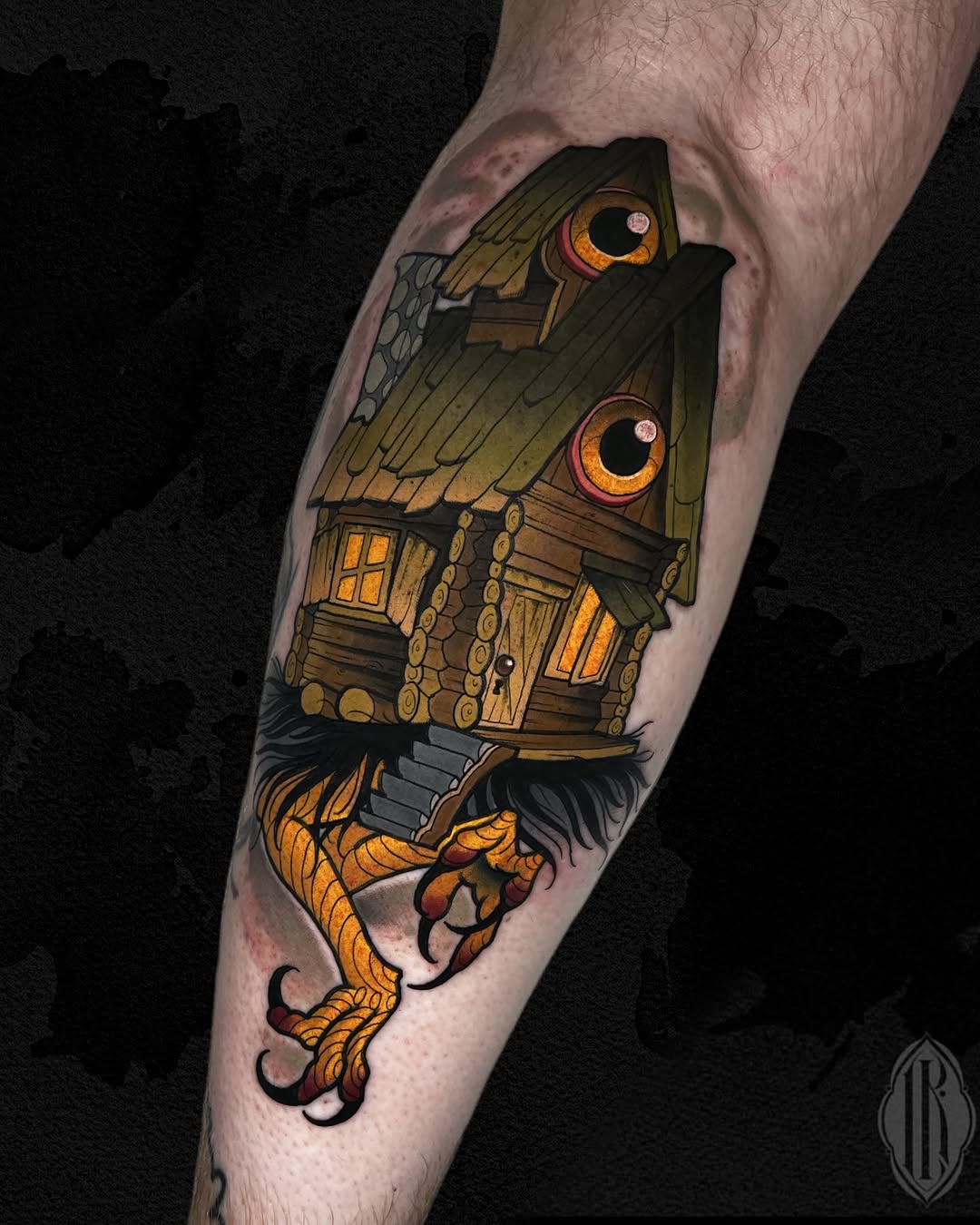 Owl-shaped cottage with glowing orange eyes and windows on a leg, featuring brown wood tones, golden lighting, and taloned feet gripping a branch.