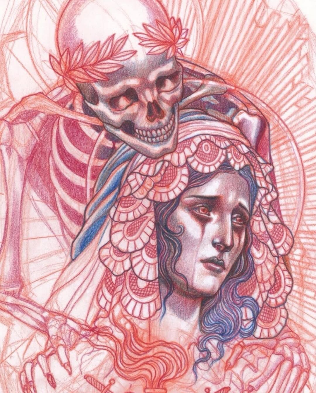 Detailed colored pencil drawing of a woman's face with ornate headdress and skull above, surrounded by intricate patterned designs in pink, red, and blue tones.