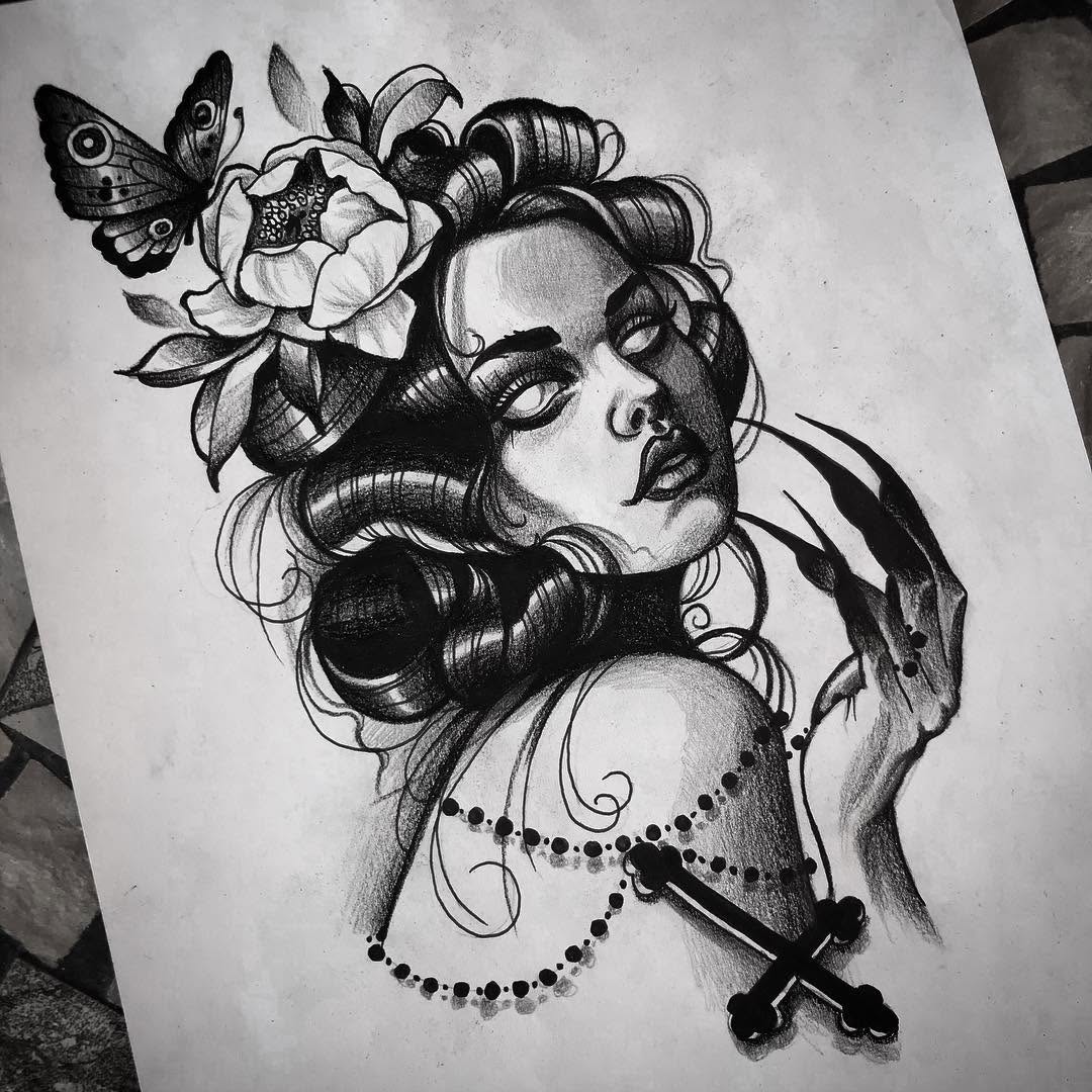 Portrait sketch of a woman with curled hair and flowers adorned on her head, accompanied by a butterfly, decorative necklace, and crossed bones below the neck.