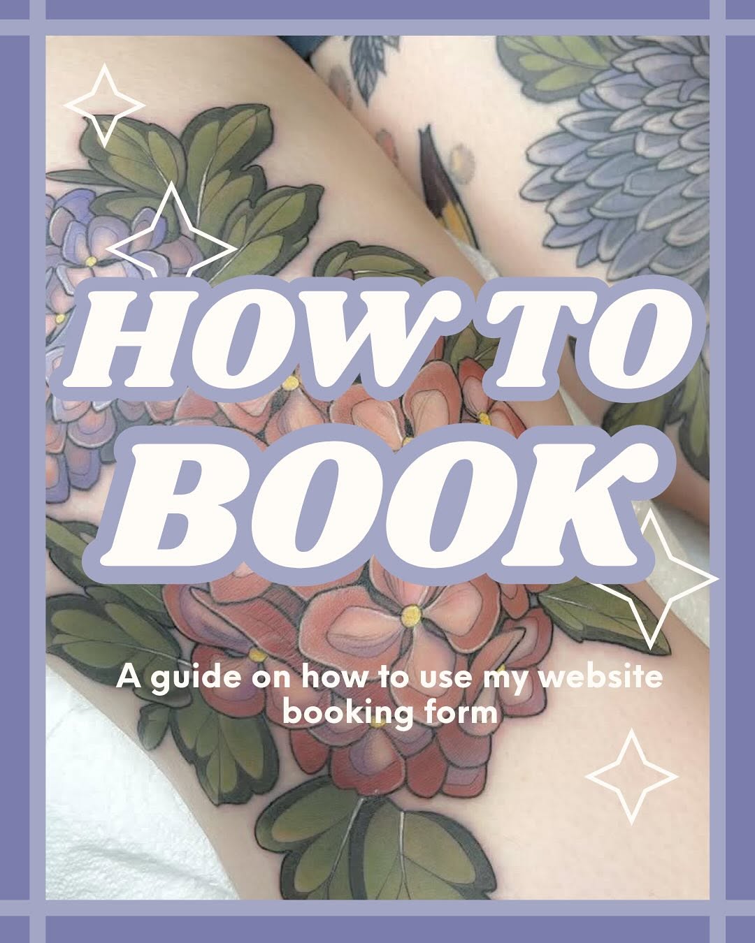 Colorful floral tattoos featuring pink and purple flowers with green leaves on arm skin, displayed as a booking guide overlay.