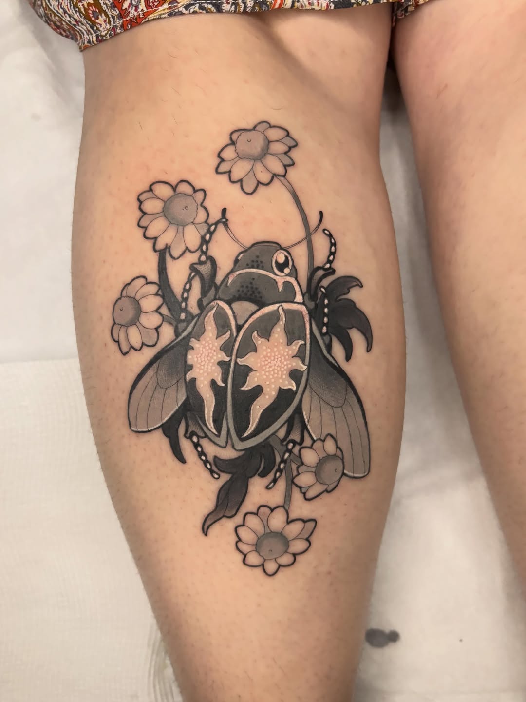 Beetle with pink wing details surrounded by daisy flowers and botanical elements on a calf, rendered in black ink with dotted shading.