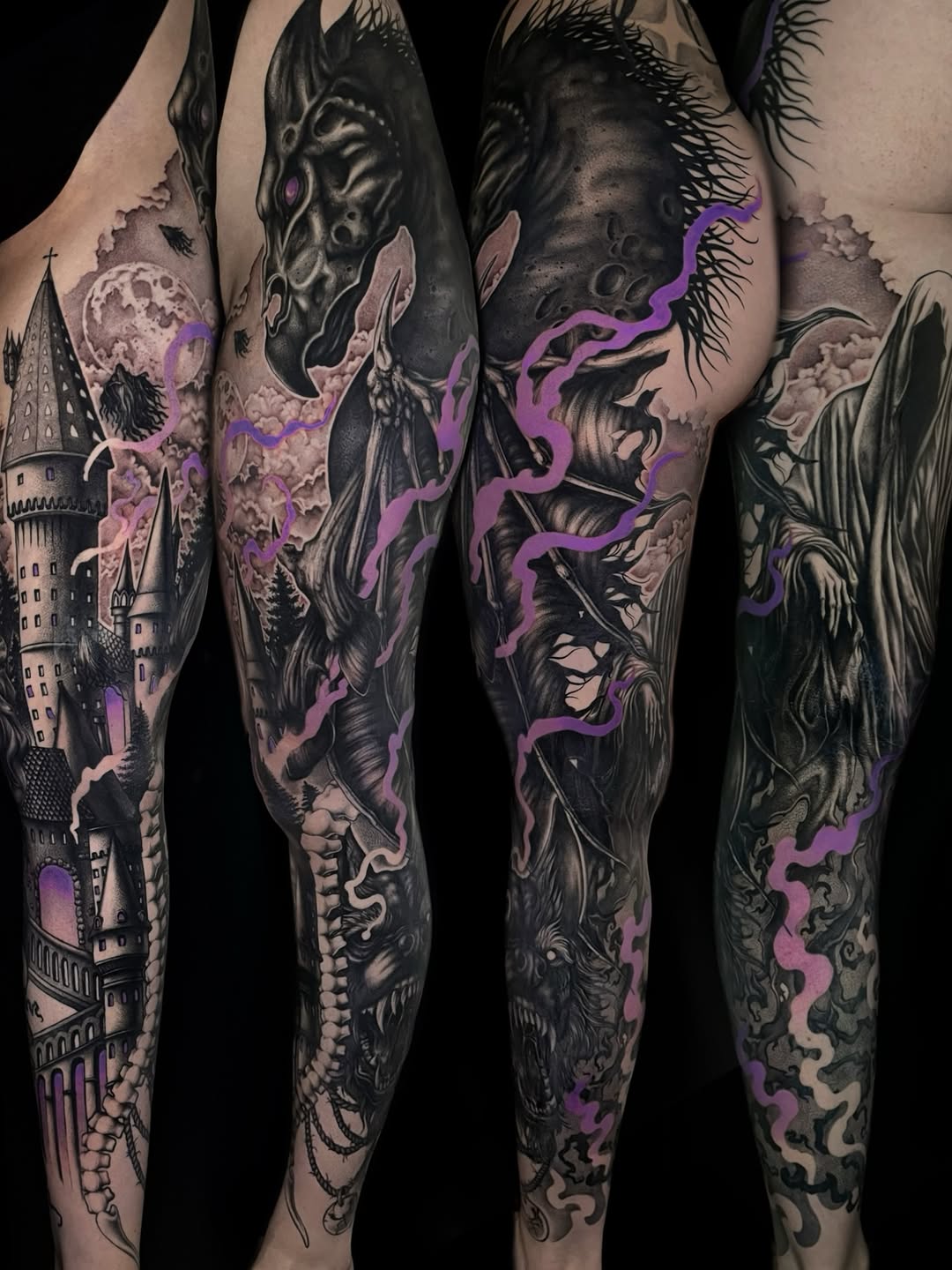 Full leg sleeve tattoo featuring dark skulls, a Gothic castle, winged figures, and purple glowing elements flowing down both legs.