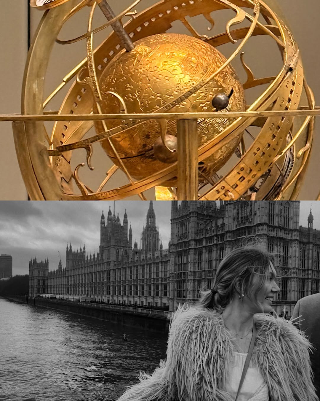 Ornate golden armillary sphere tattoo with detailed engraved patterns and black accent stone, displayed on upper body.