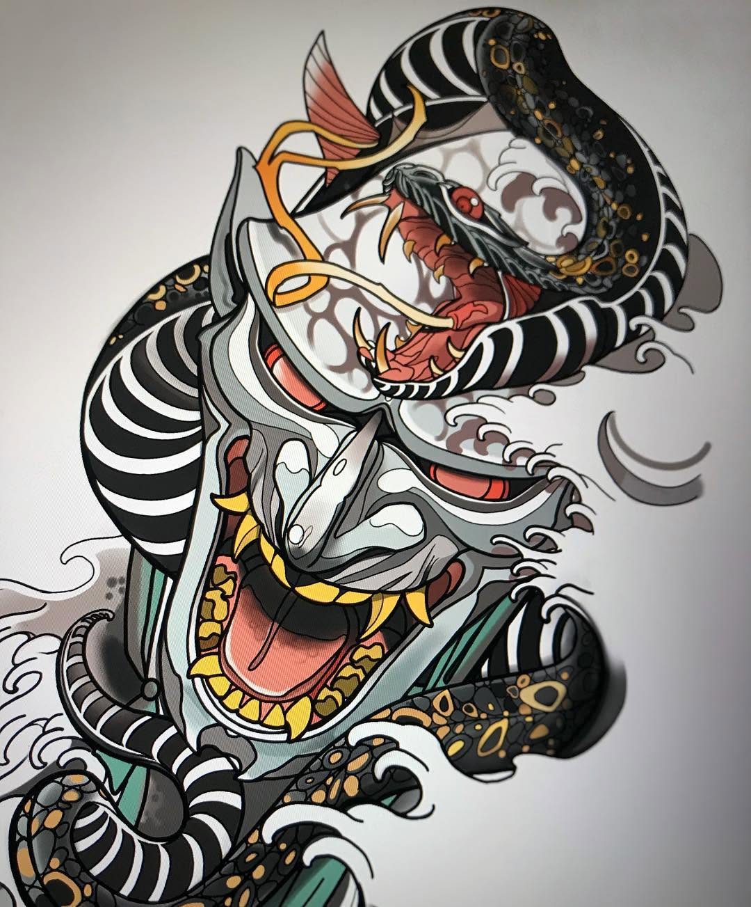 Colorful snake and demon mask tattoo design featuring black and white stripes, red details, gold accents, and ornamental clouds on the arm.