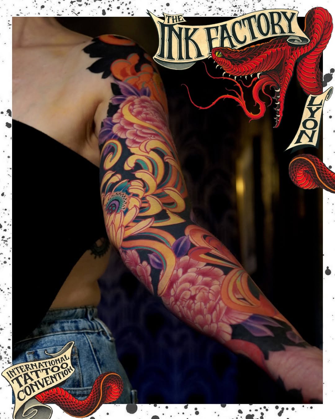 Colorful full-sleeve arm tattoo featuring ornate floral and botanical designs in pink, purple, yellow, and orange on dark skin tones.