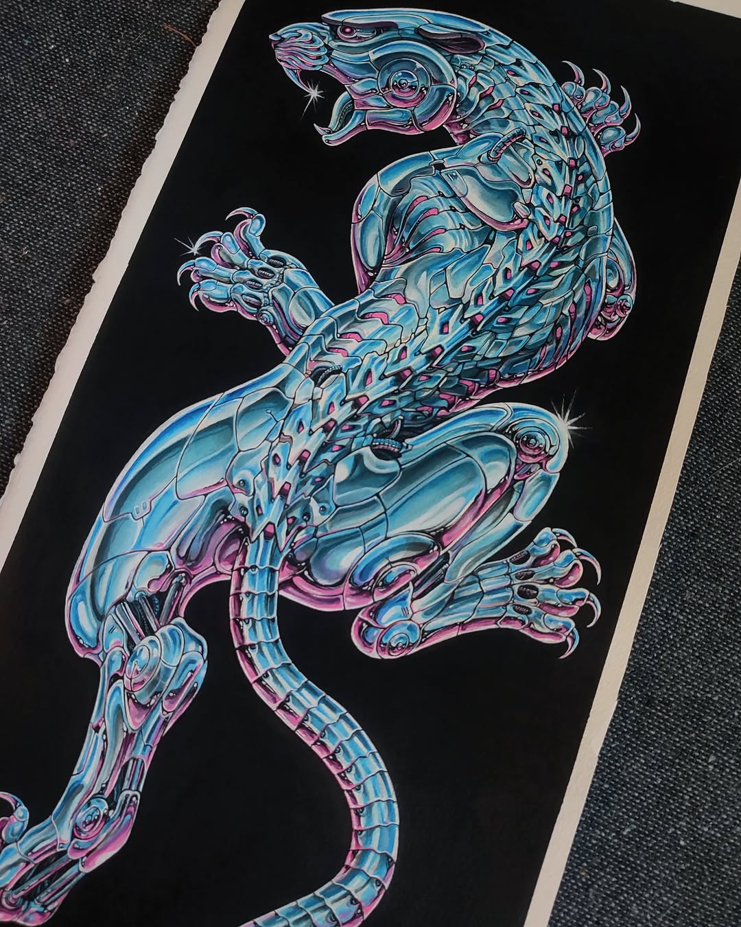 Intricate mechanical dragon with cyan and magenta metallic plating, segmented body, and detailed gears, designed as a vertical back or spine tattoo.