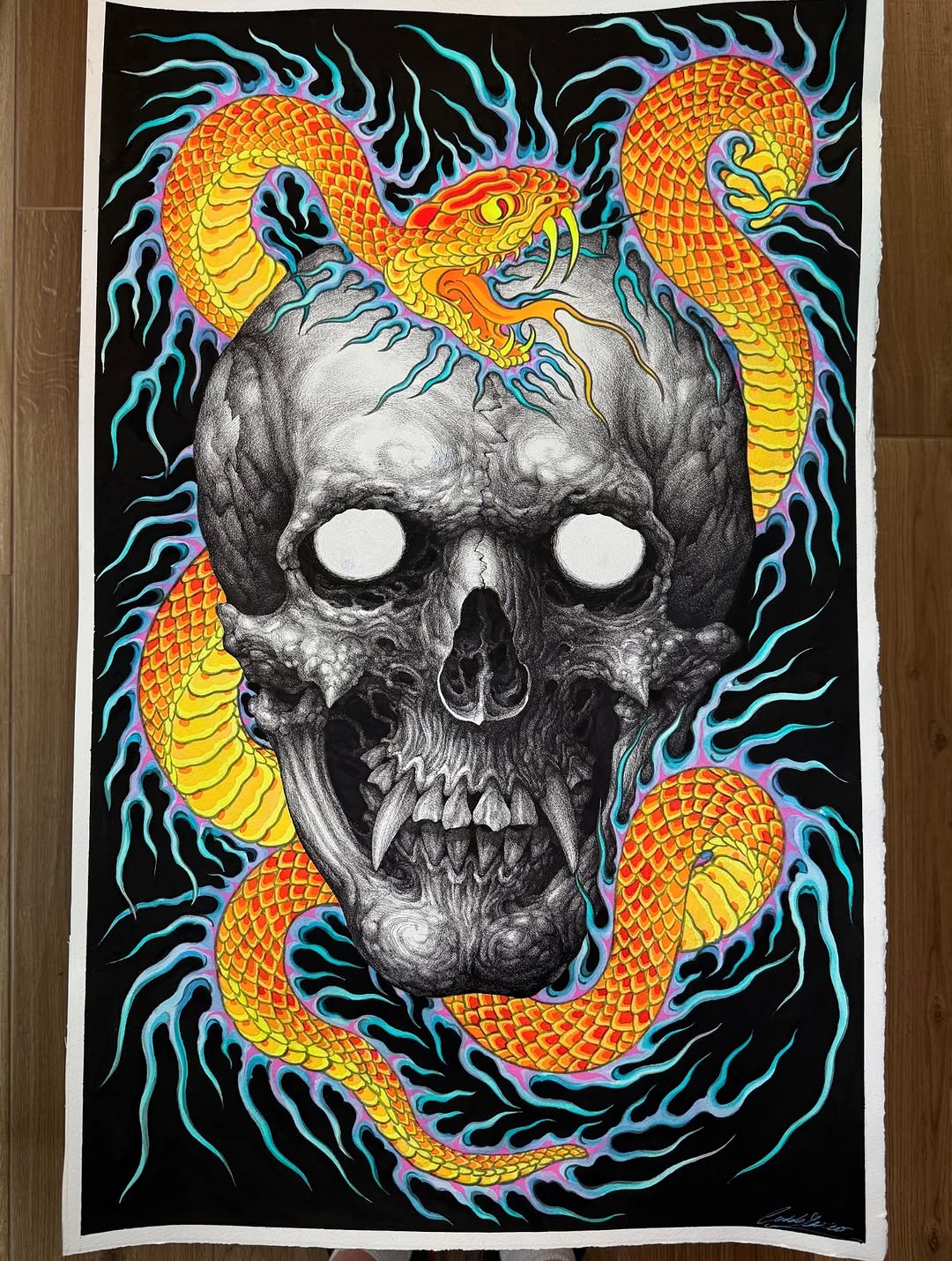 Detailed skull with glowing white eyes surrounded by intertwining golden and orange serpents with scaled bodies against a black background with cyan and purple swirling energy lines.