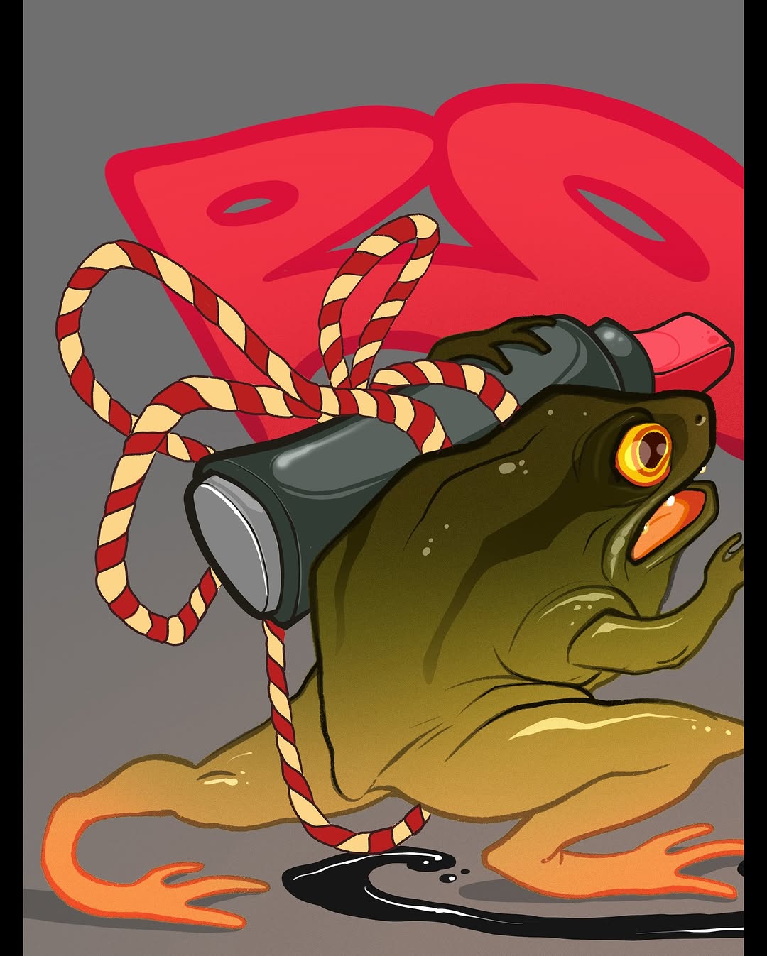 Colorful cartoon frog holding a telescope and rope, rendered in olive green, red, orange, and cream tones on gray background.