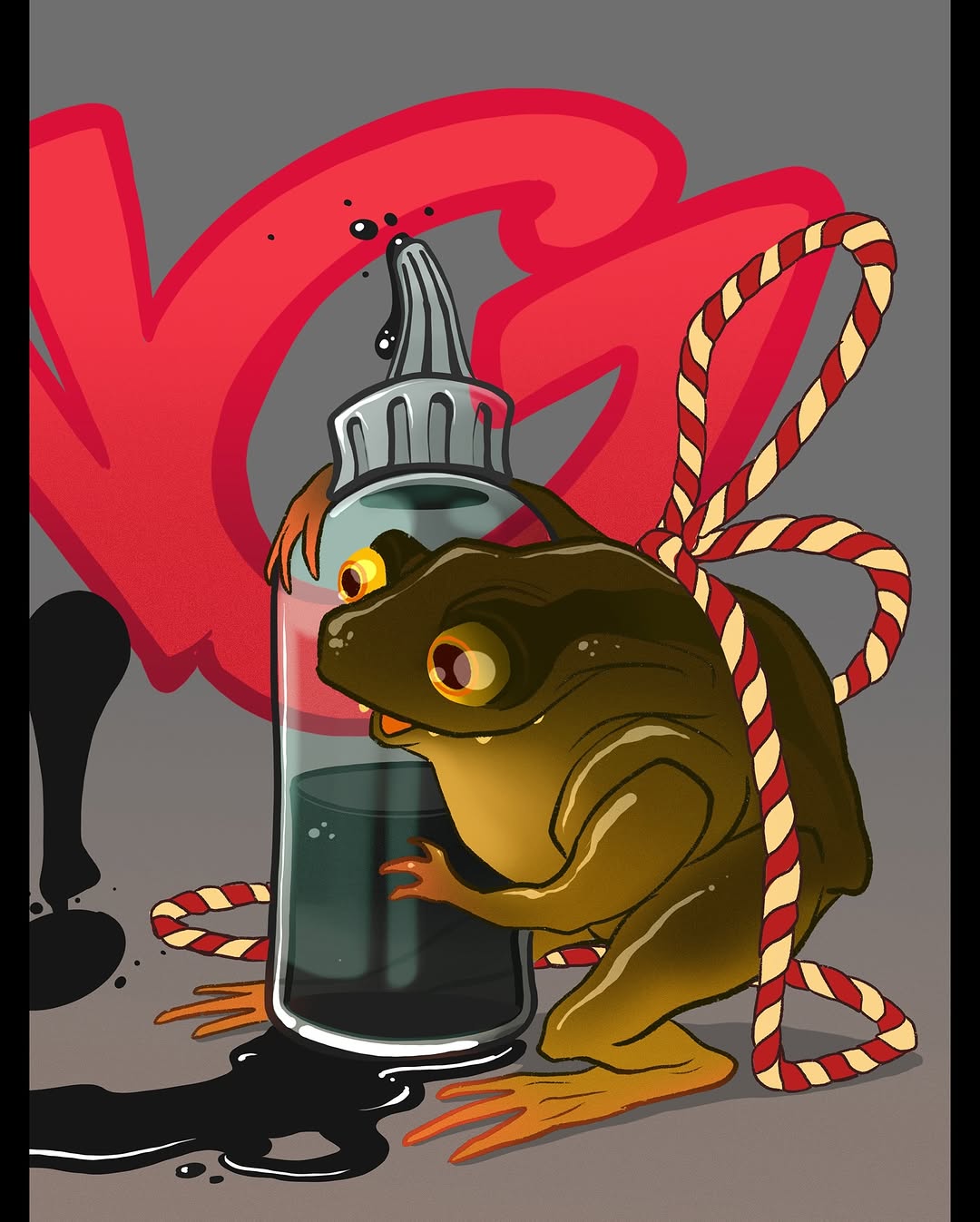 Colorful tattoo design featuring a brown octopus with golden eyes holding a red ink bottle with striped tentacles and a ship's lantern on its head.