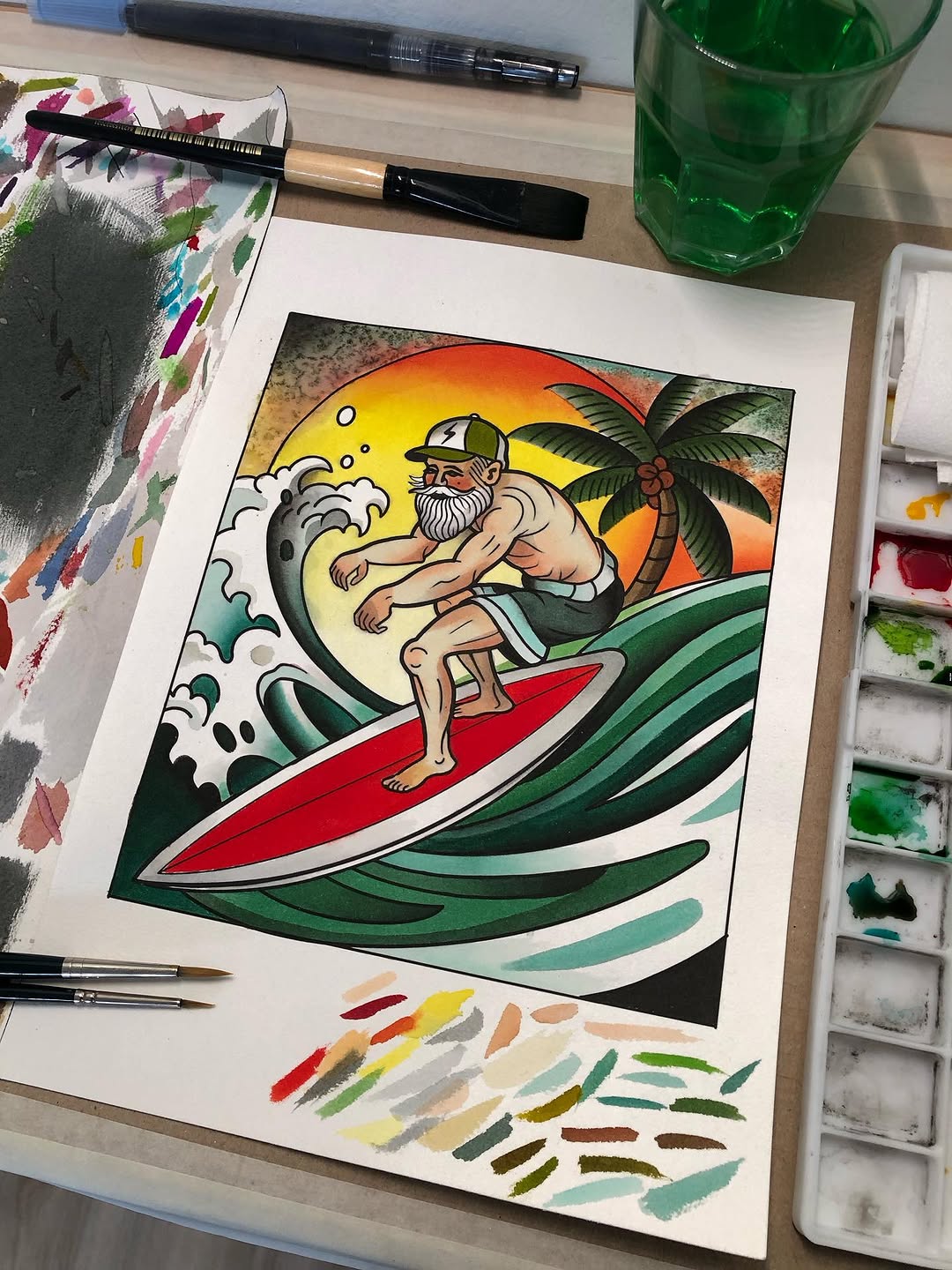 Bearded man surfing a red board with palm tree and ocean waves against a sunset sky, rendered in vibrant orange, yellow, green, and red colors.