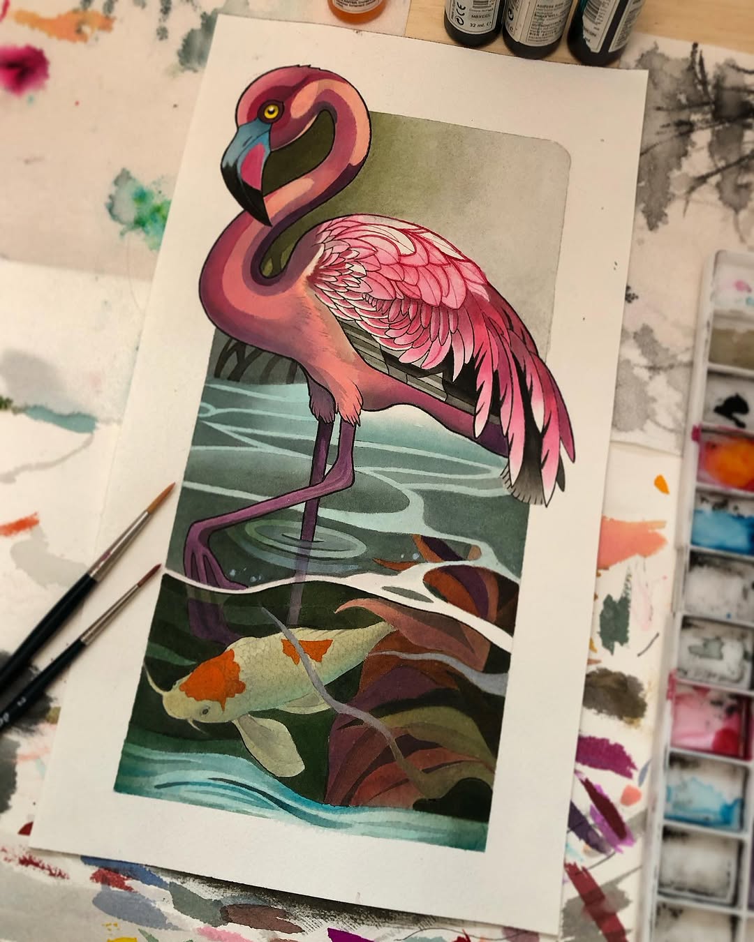 Colorful flamingo tattoo design featuring pink plumage, long legs, and a koi fish below on green water background.