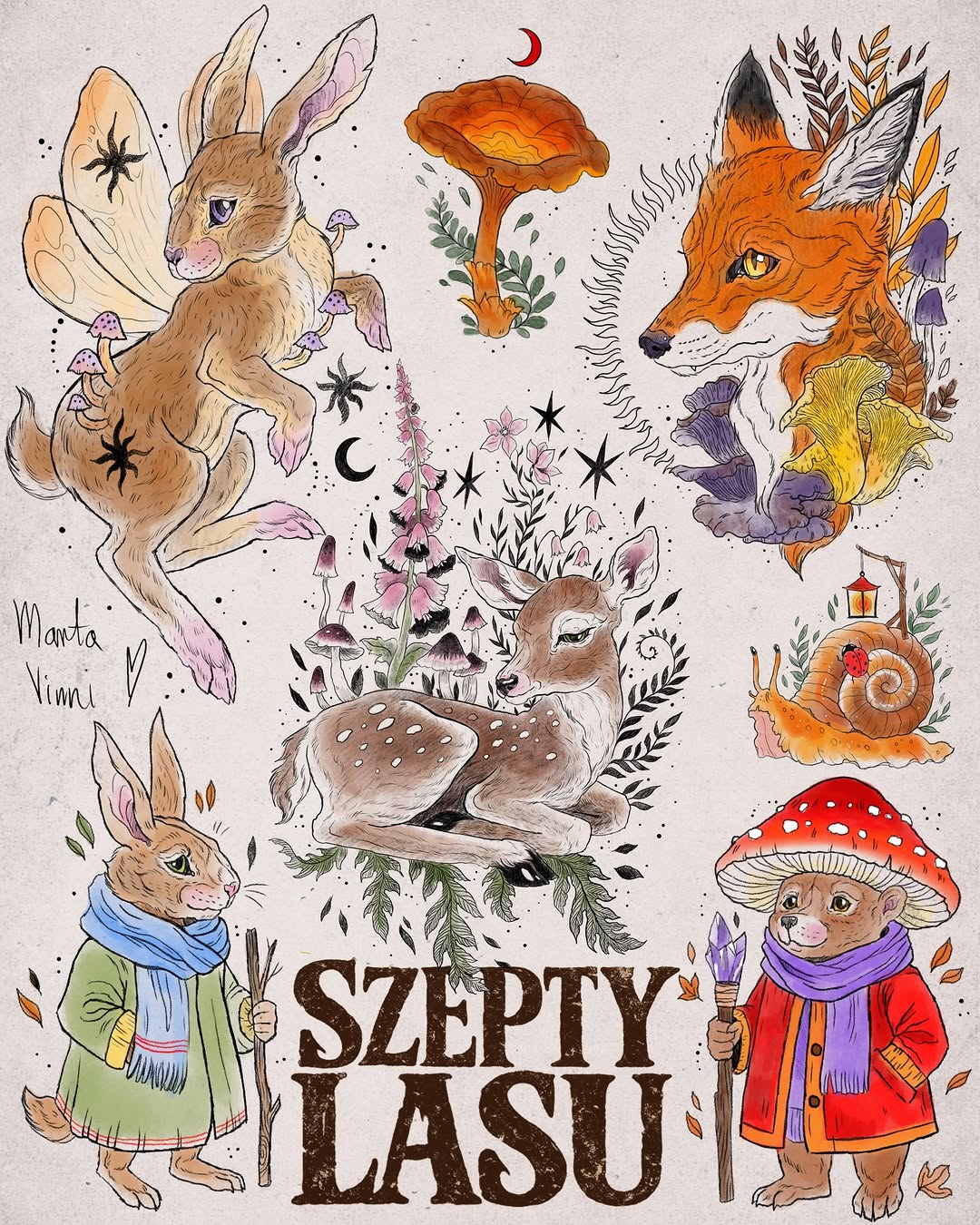 Colorful illustration featuring woodland animals, mushrooms, flowers, and celestial symbols surrounding central text "Szepty Lasu" in brown lettering.